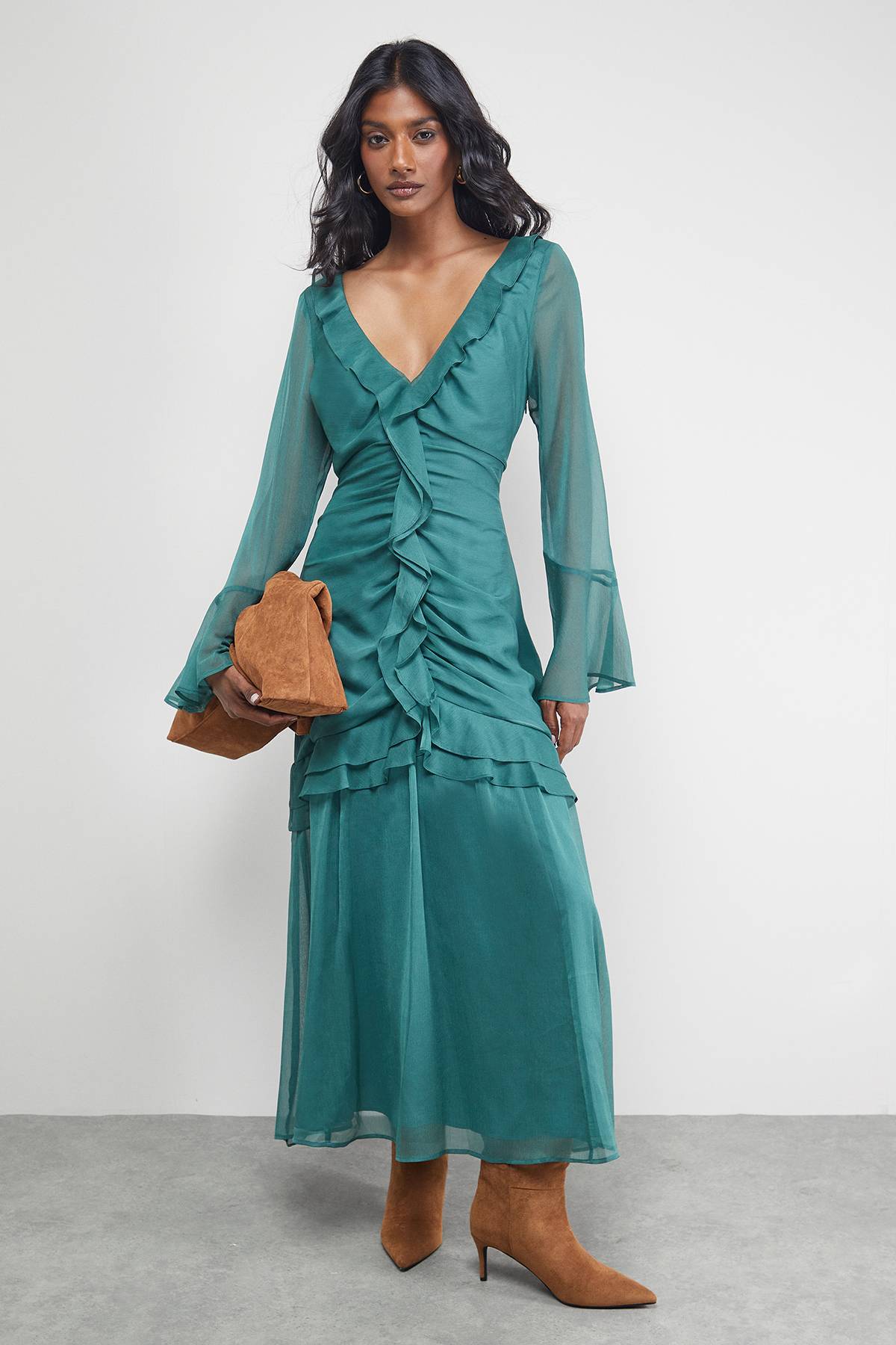 Warehouse Robe Mi-longue en Mousseline à Volants et Bustier Froncé