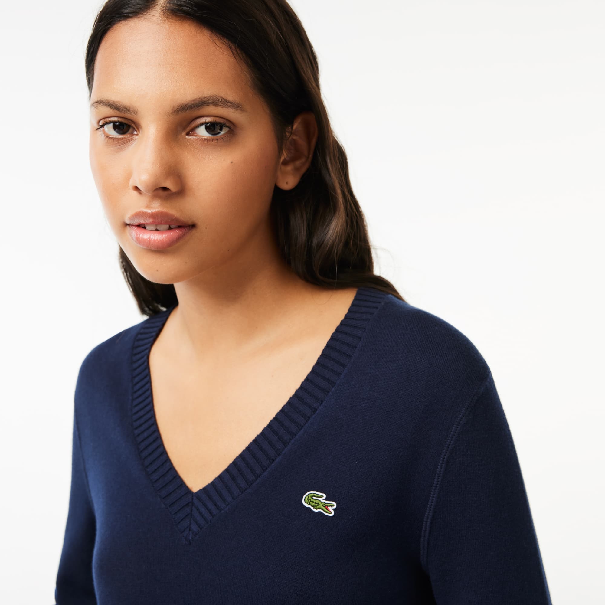 Pull col V en double face de coton Pullovers - Bleu - Lacoste - Femme