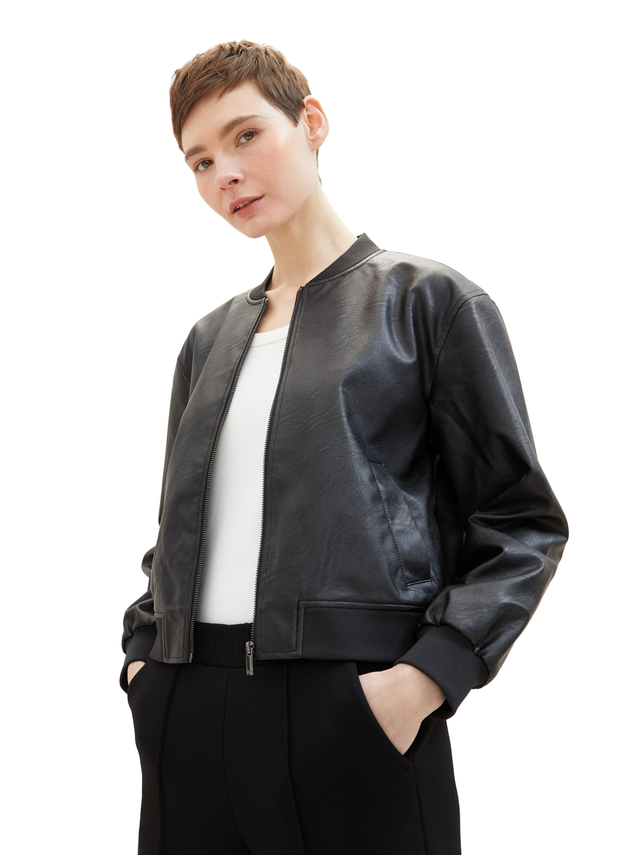 TOM TAILOR Denim Blouson ohne Kapuze Bomberjacke aus Kunstleder und mit Eingrifftaschen