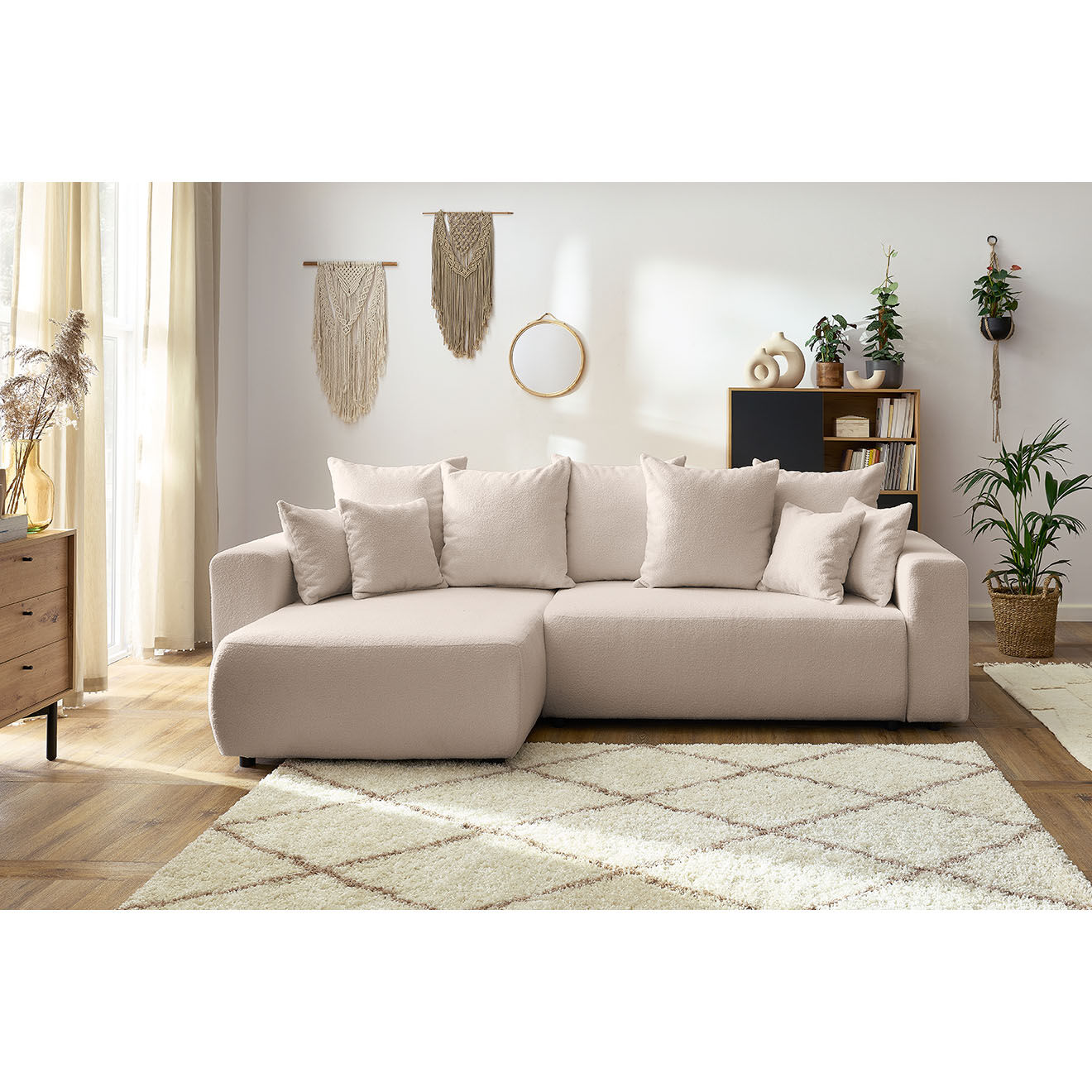 Bobochic Canapé d'angle convertible reversible bouclette Envy beige - 282x153x95 cm