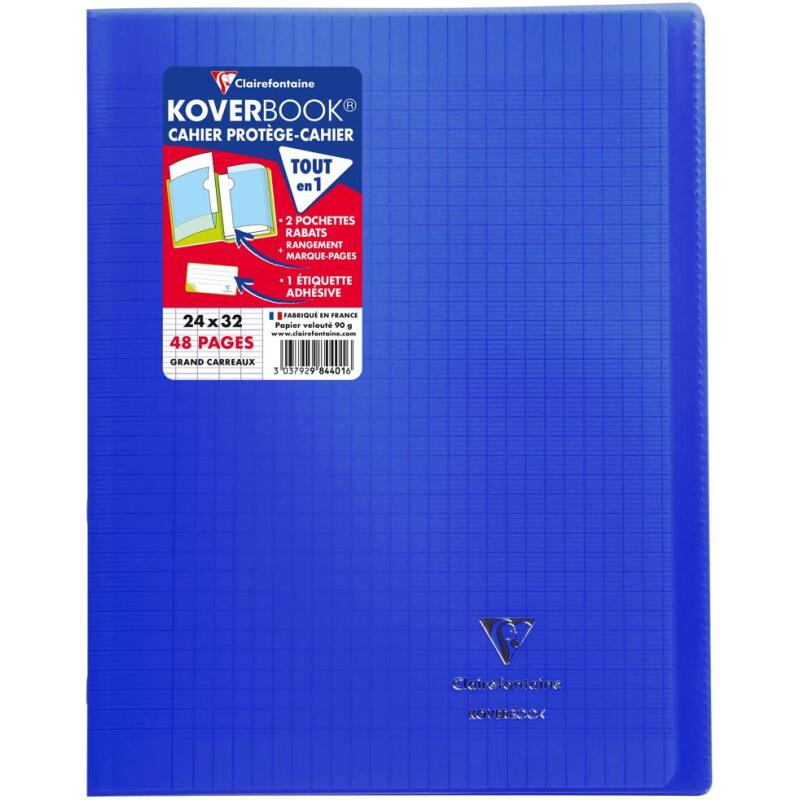 Cahier piqué Koverbook 24x32cm 48 pages grands carreaux couverture polypropylène transparent - Assortis