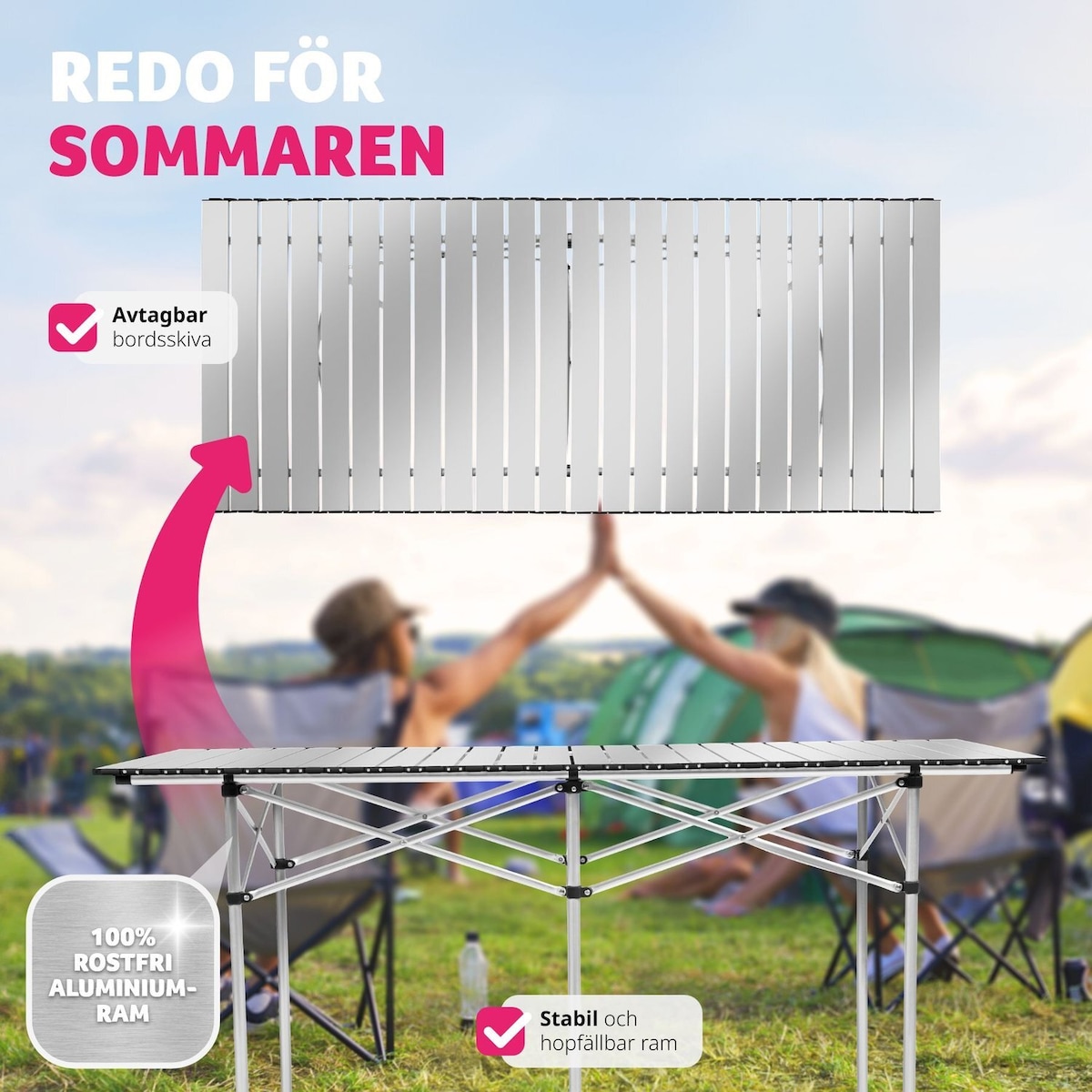 Aluminium sammenleggbart campingbord 140x70x70cm - grå