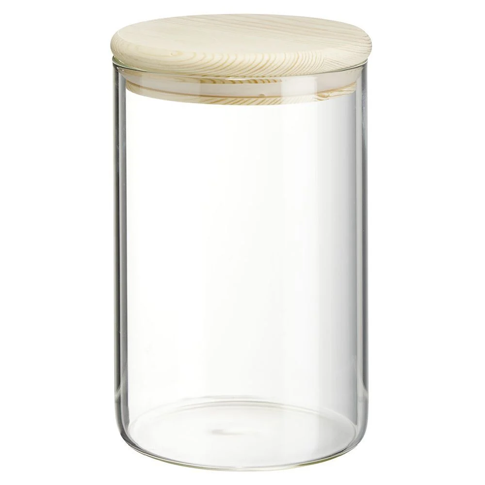 Bocal rond transparent avec couvercle en bois 1L
