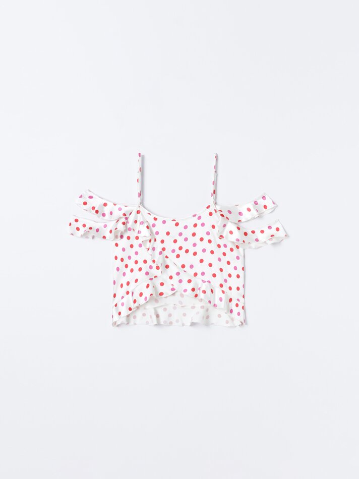 Blusa de cetim com estampa de bolinhas - Branca/vermelha
