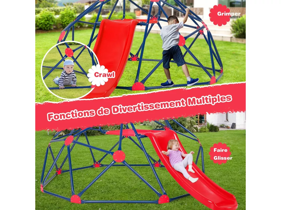Dôme d'escalade Enfants avec Toboggan, Cage d'escalade avec Coussin en Tissu et velours, Charge 180kg, Aire de Jeux Extérieure et Intérieure pour Garçons et Filles de 3 à 10 Ans (Rouge)