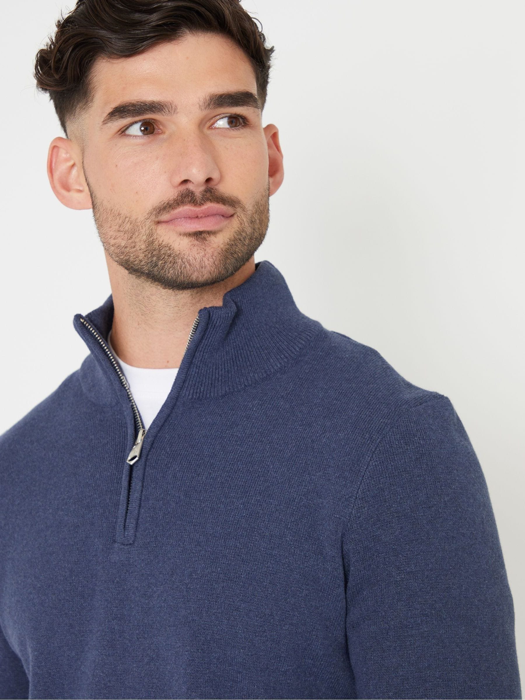 Denimblauw - Threadbare gebreide trui van katoenmix met korte rits