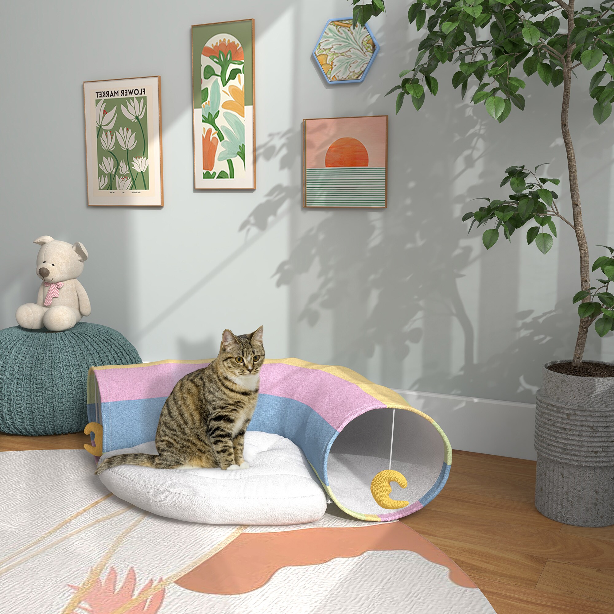 PawHut Katzentunnel mit Spielzeug bunt 105L x 65B x 28H cm