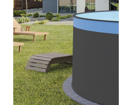 Opbouwzwembadset van staalwand Planet Pool rond Ø 350x90 cm incl. zandfiltersysteem, skimmer, filterzand & trap antraciet met blauwe overlappingsliner