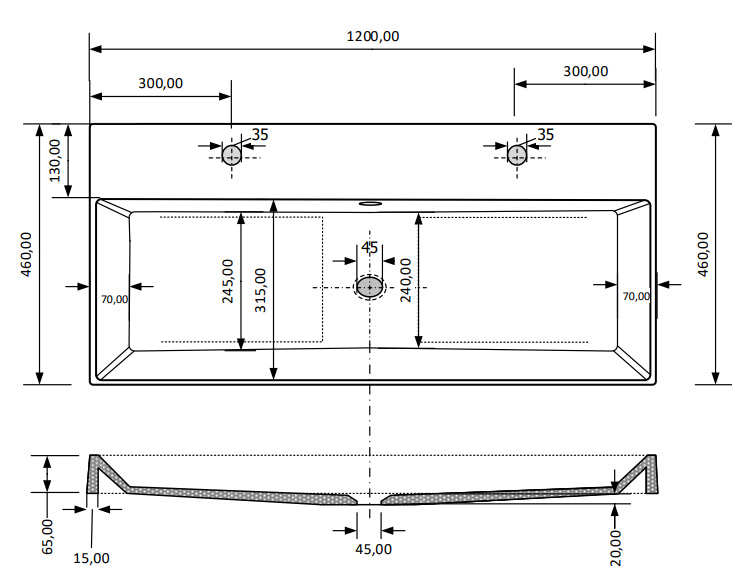 SaniGoods Kolo wastafel 120cm met 2 kraangaten mat leigrijs