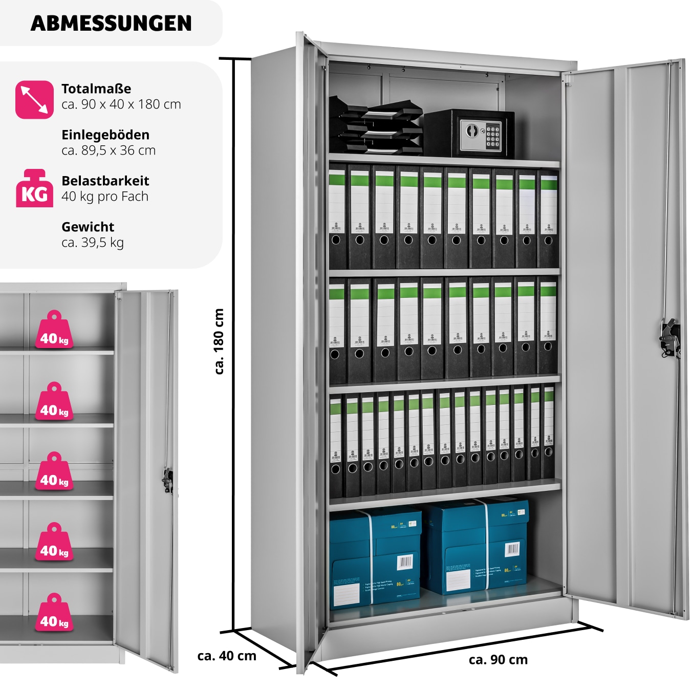 tectake® Aktenschrank, aus pulverbeschichtetem Stahl, 4 höhenverstellbare Einlegeböden, 180 x 90 x 40 cm