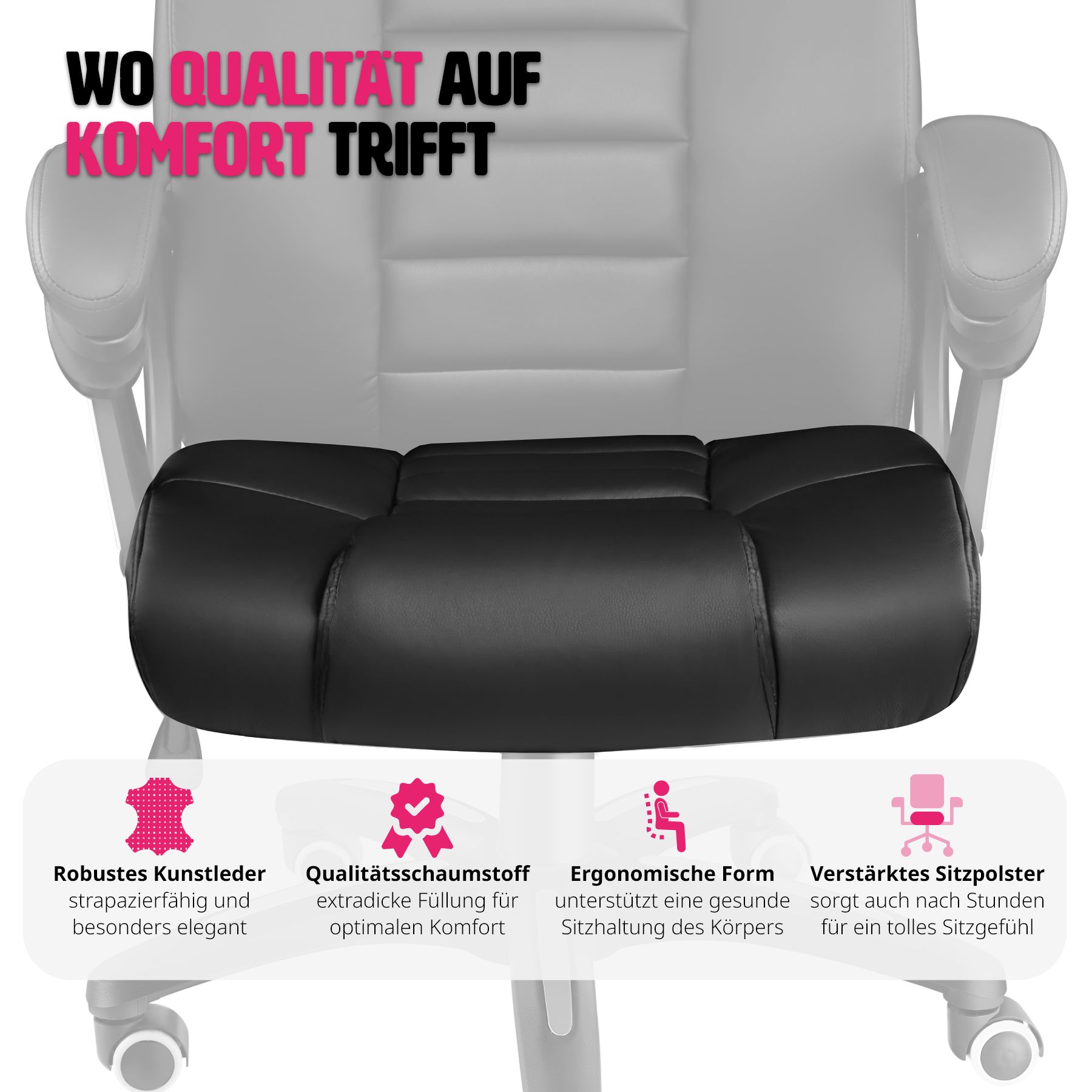 tectake® Bürostuhl, 360° drehbar und stufenlos höhenverstellbar, dicke Polsterung mit Kunstlederbezug, einstellbare Wippfunktion