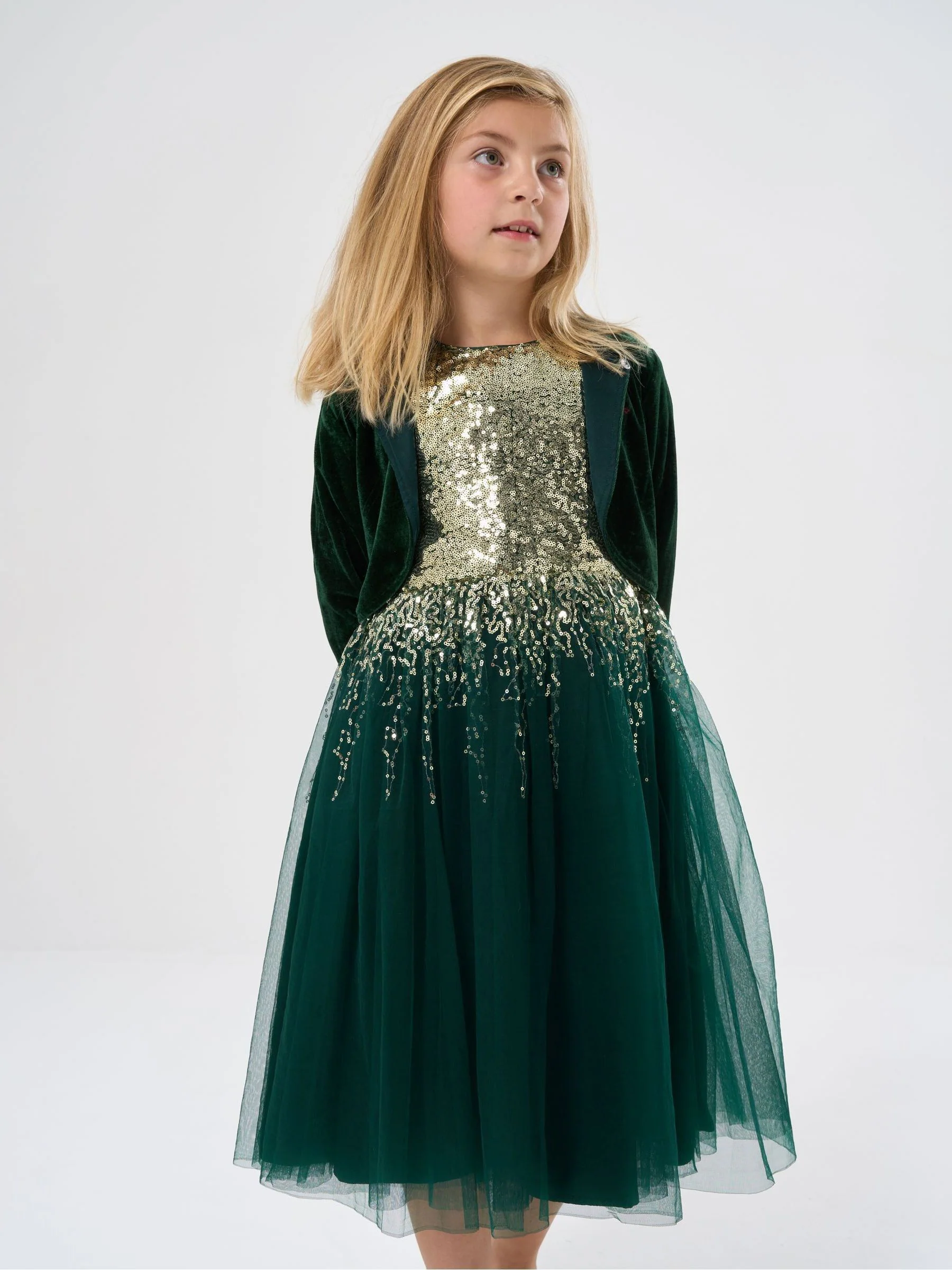 Miss Pailletten watervaljurk met faux fur bolero outfit set