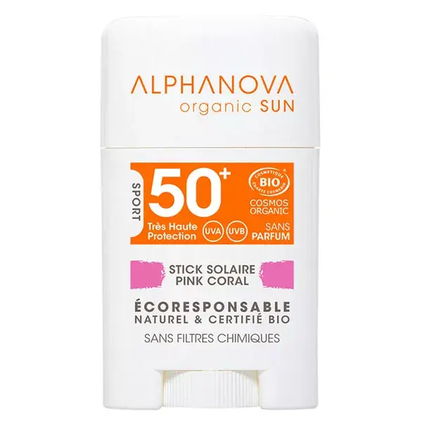 Protetor solar facial em bastão Alphanova Sun Stick rosa FPS 50+ orgânico 10g