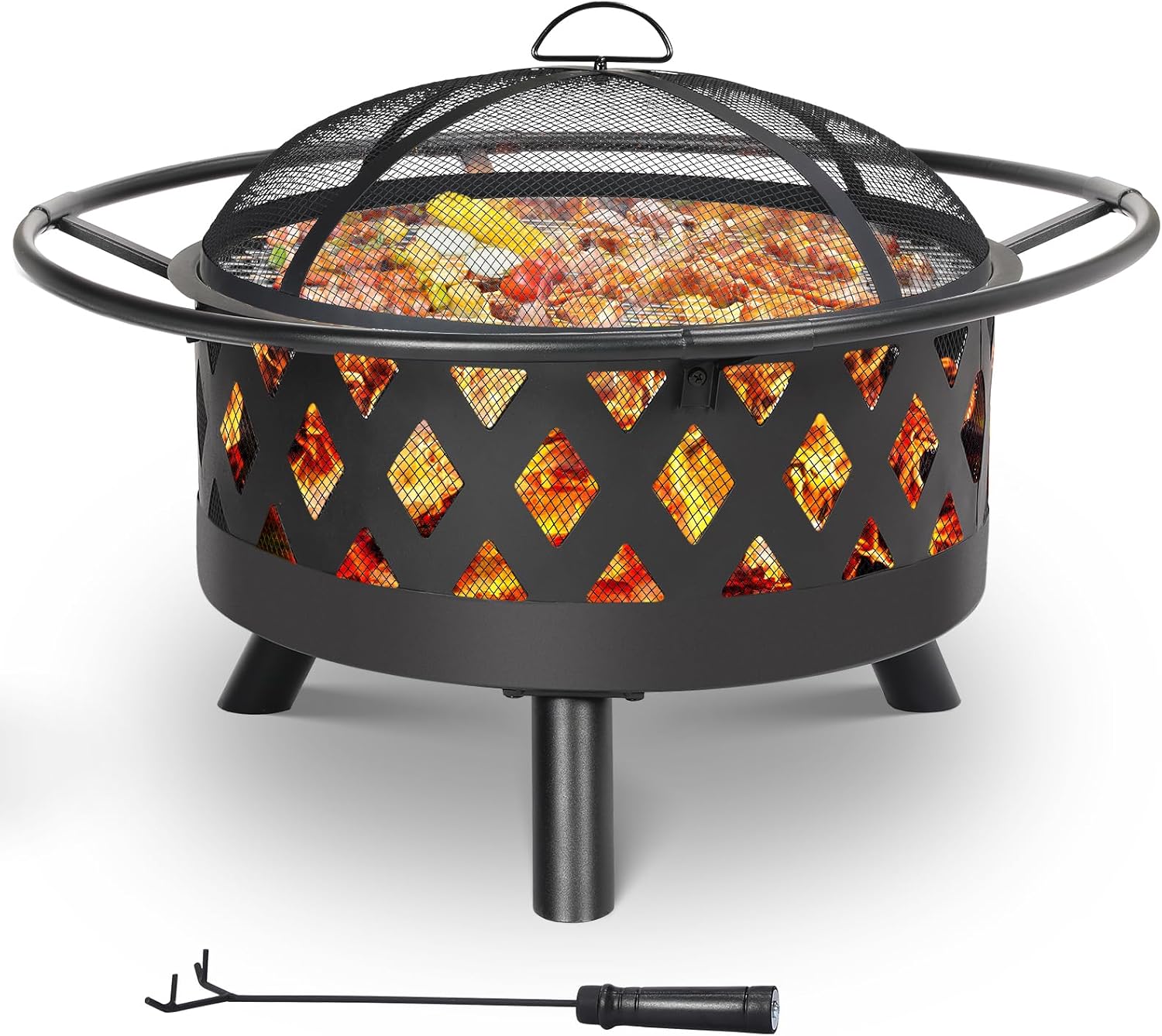 TLSUNNY Feuerschale, Ø 80cm Feuerkorb mit Funkenschutz und Schürhaken, Feuerschalen für den Garten Groß, Feuerstelle mit Grill, BBQ Feuerstelle Outdoor, Retro-Look Fire Pit, Zum Grillen und Heizen