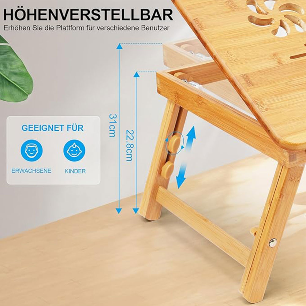 Verstellbarer Bambus Laptopständer Betttisch mit Mausablage und Aufbewahrungsschublade für Macbook / Laptop und Tablet (54x33x5cm)