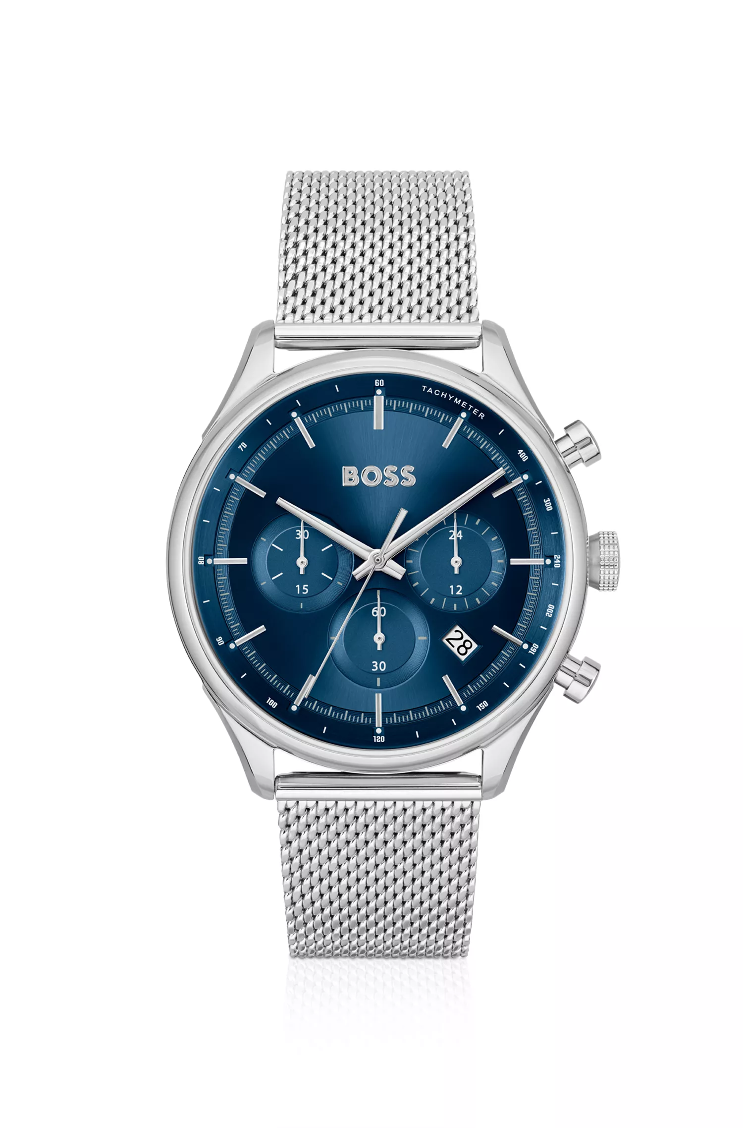 Relógio cronógrafo BOSS com mostrador preto e azul e pulseira de malha.