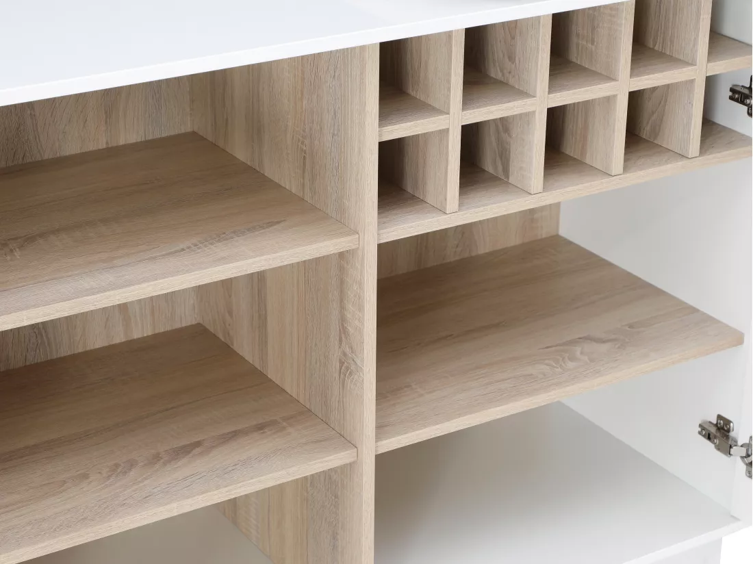 Meuble de bar pivotant avec rangements - Blanc et naturel - ARAMETA