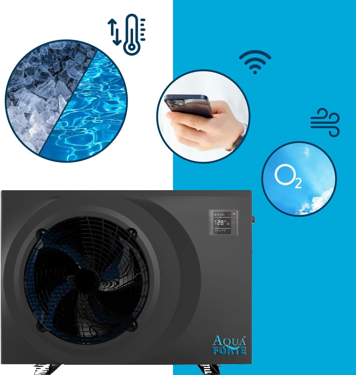 AquaForte Full Inverter Wärmepumpe 15,3 Kilowatt , 14.5 AMP, Leistungsaufnahme Kilowatt 0.24~3.2, Kann sowohl kühlen als auch heizen, geeignet für Schwimmbecken