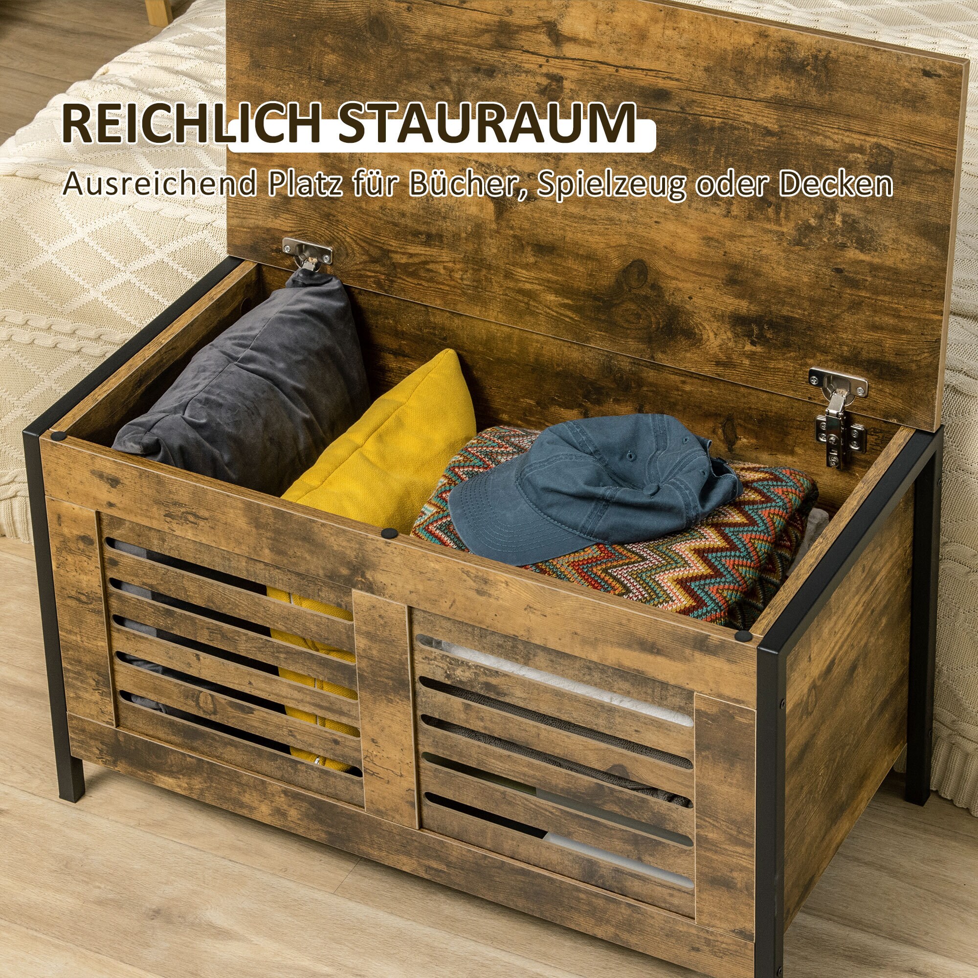 HOMCOM Aufbewahrungstruhe mit Deckel braun 80L x 40B x 49H cm