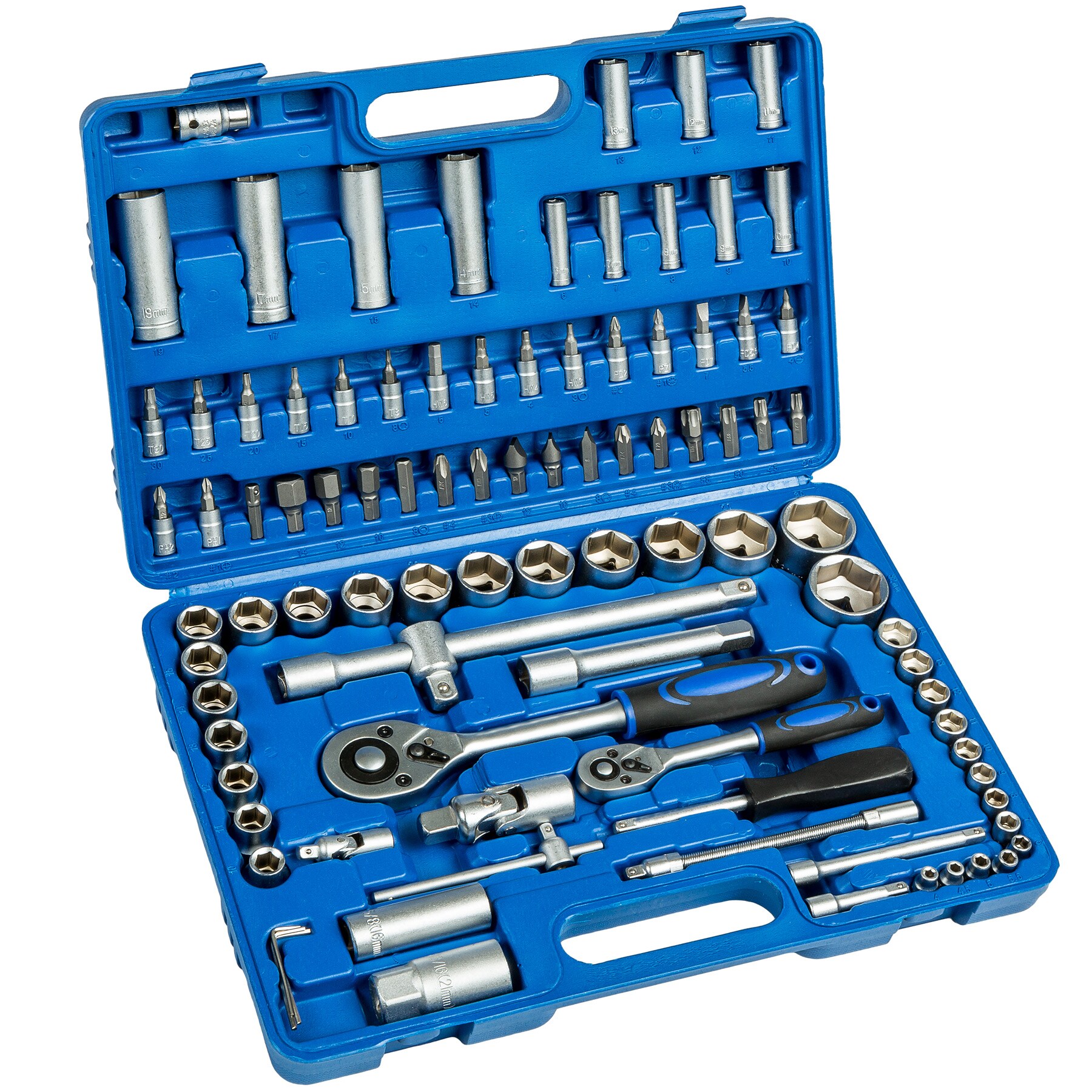 tectake® Steckschlüsselsatz, 94-teilig, 1/4 und 1/2 Zoll, mit Kodierung und Kugelfangrille, übersichtliche Anordnung im Kunststoffkoffer