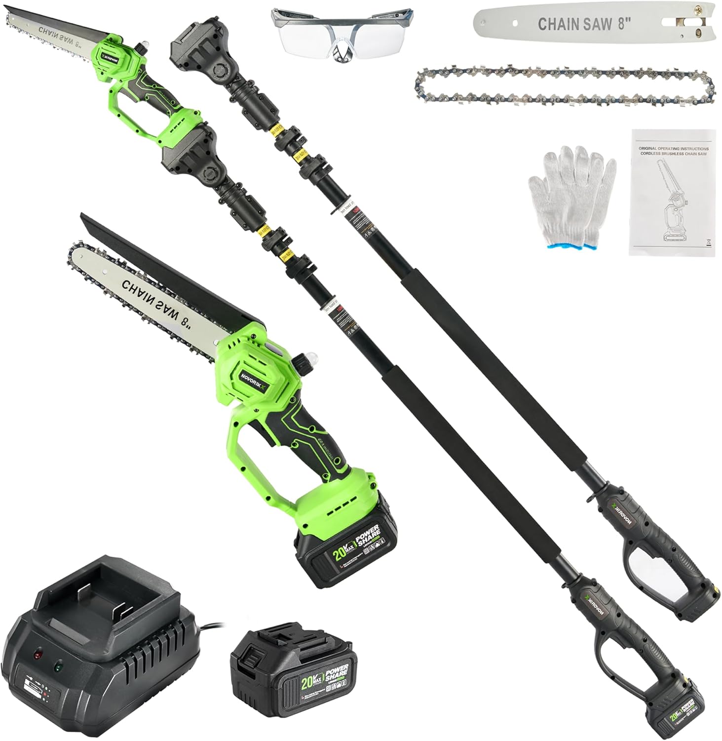 2-in-1 Bürstenlose Akku-Stangensäge 20V 3.0AH – 8-Zoll 4.57M Reichweite, 800W 60ml Öltank Automatik-Schmierung für Baumbeschneidung & Astschneidegerät