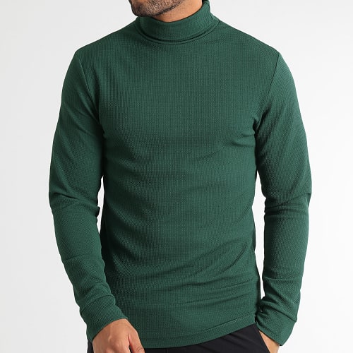 Pull Col Roulé Texturé Waffle 0541 Vert Bouteille