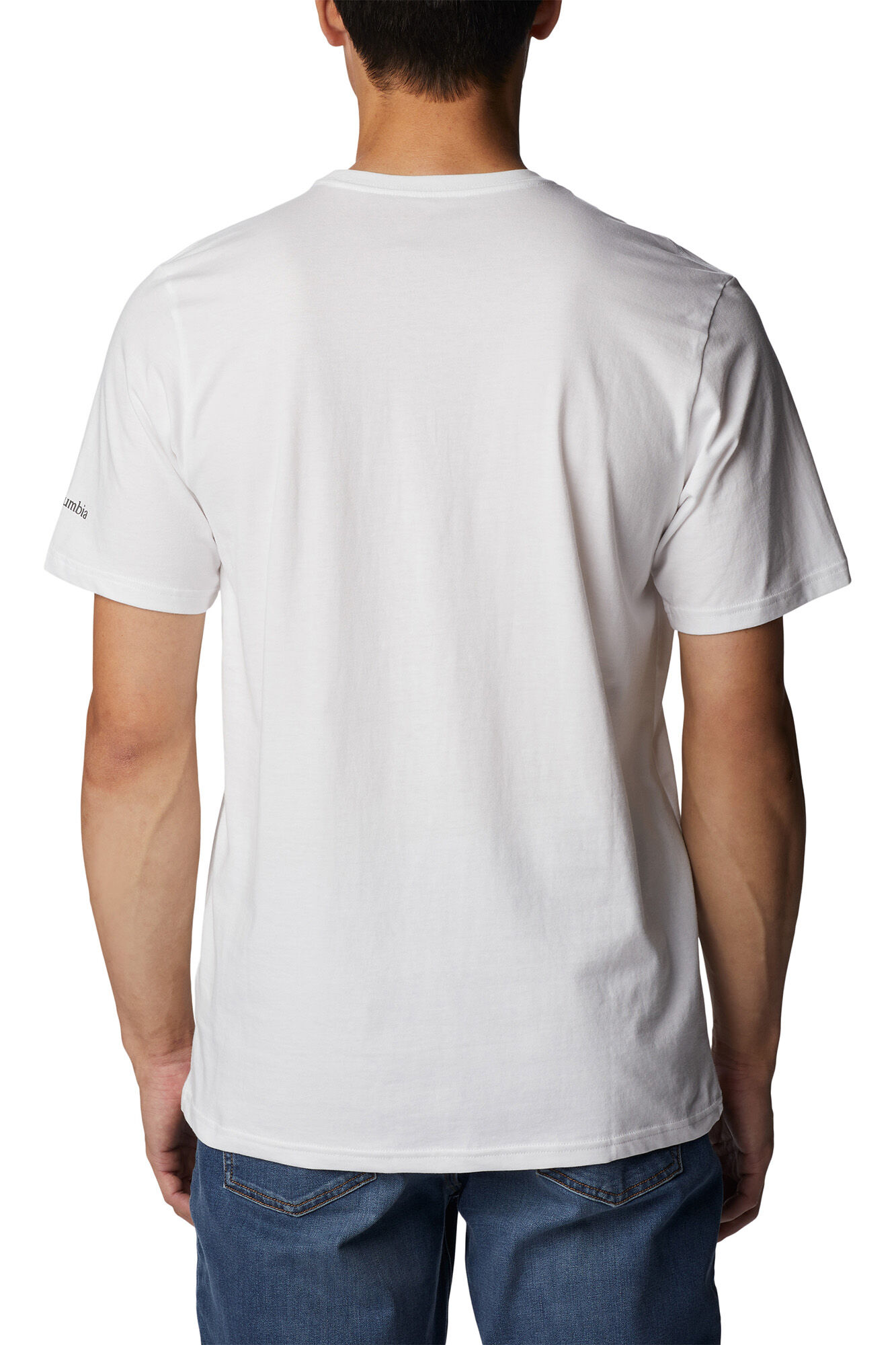 Camiseta masculina Columbia Rockaway River™ de manga curta com estampa em fundo branco.
