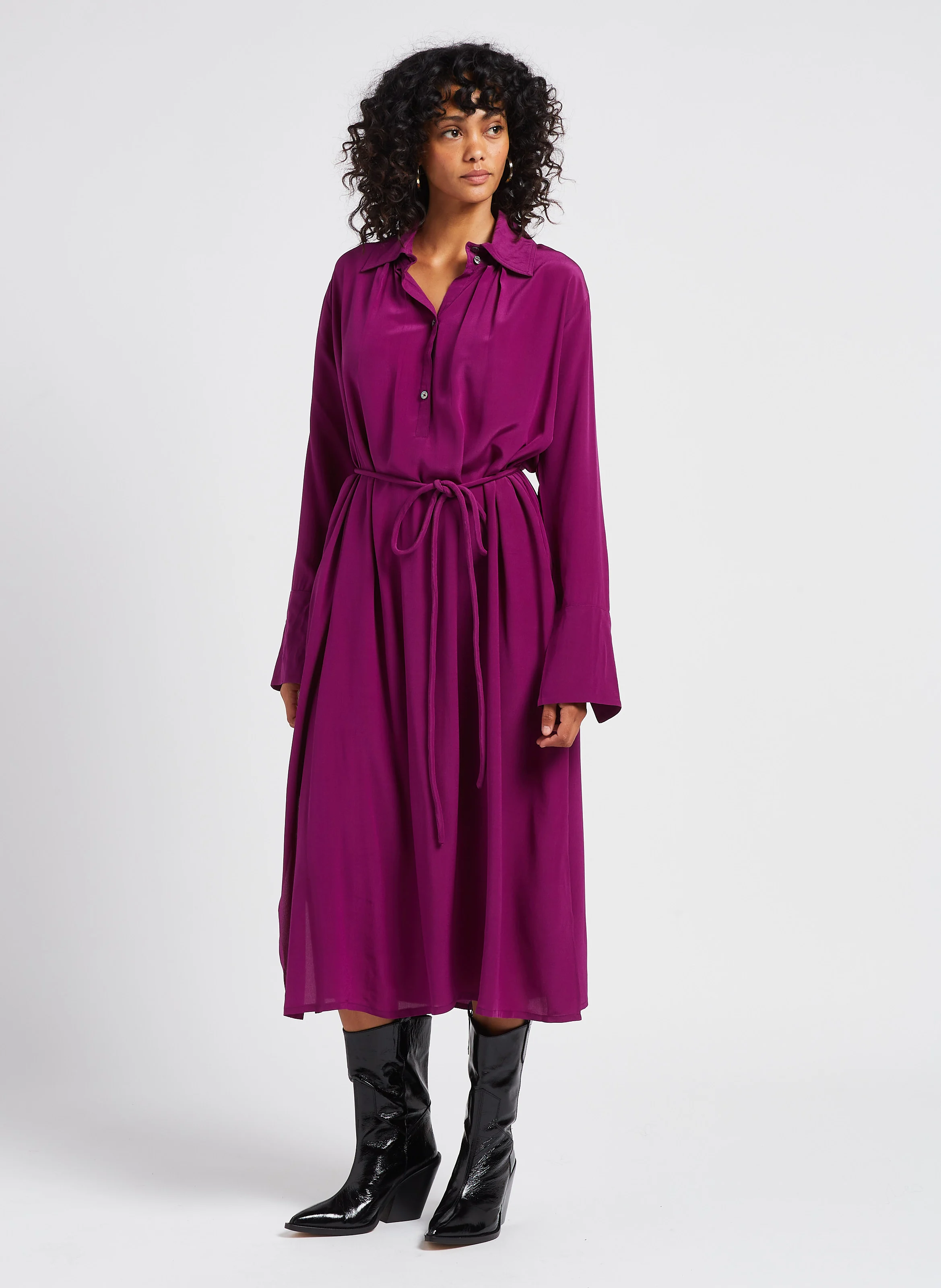 BYRDS - Robe longue col chemise en soie | Violet