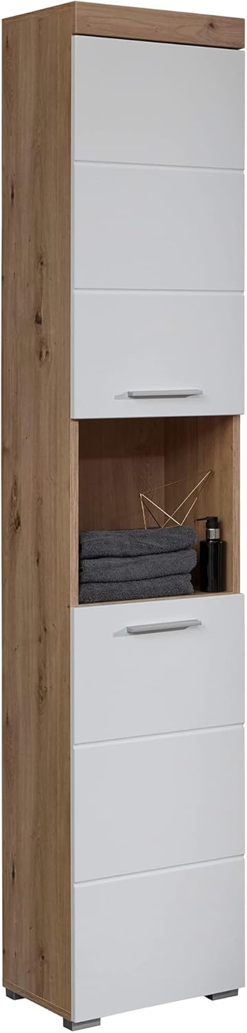 trendteam smart living - Amanda - Hochschrank - Eiche/Weiß Hochglanz - Badezimmerschrank mit 2 höhenverstellbaren Einlegeböden - (BxHxT) 37 x 190 x 31 cm - Badschrank mit 4 Fächern und Einer Ablage