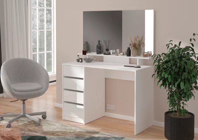 INOSIGN Schreibtisch »Pisa, Breite 110 cm, 4 Schubkästen, hochglanz Schubkastenfront« grifflose Optik, individuell einsetzbar, Schminktisch, Homeoffice