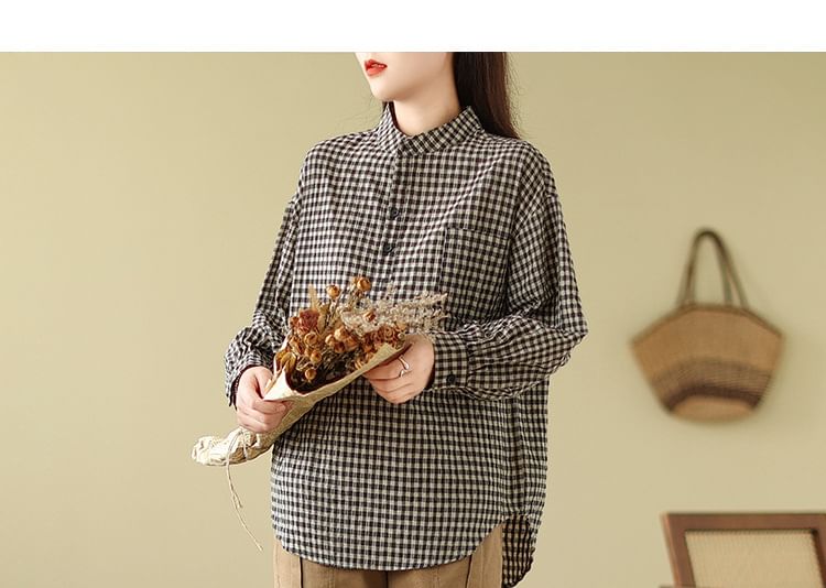 YARU - Henley overhemd met lange mouwen en ruitjesmotief en zakdetail