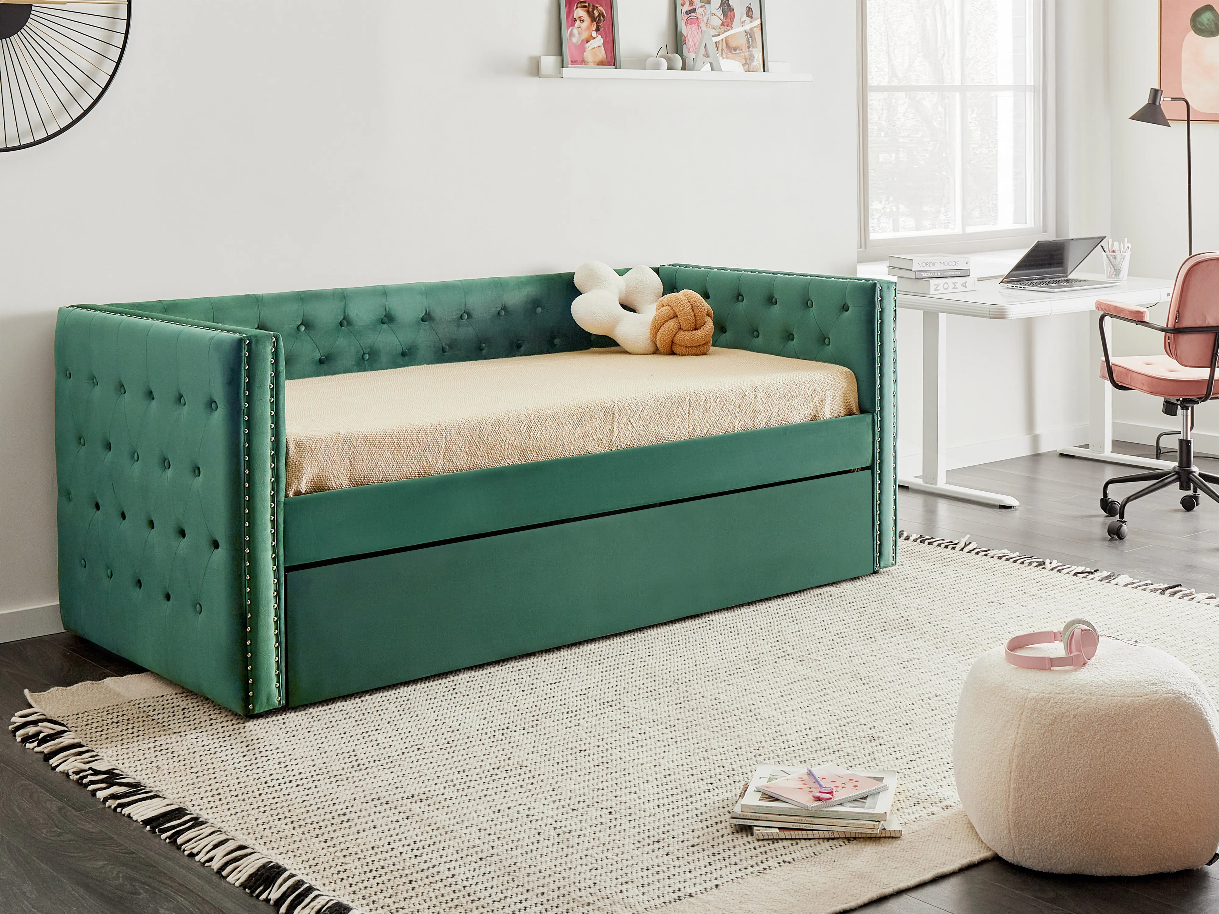 Onderschuifbed Fluweel GASSIN 90 x 200 cm Smaragdgroen