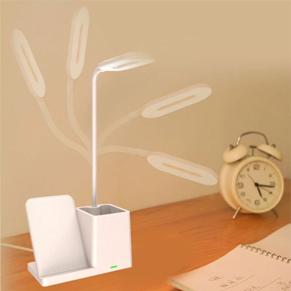 (15W) LED Schreibtisch Lampe Qi Wireless USB Charger Ladegerät Tischleuchte mit Schwanenhals inkl. Stifte Halter für Smartphones - Schwarz