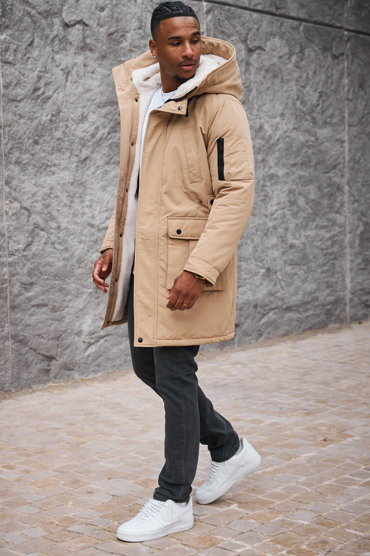 Parka beige à capuche longue à poches