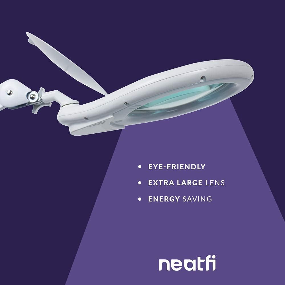 Neatfi Elite HD XL Super LED Lupenleuchte mit Klemme und verstellbarem Arm, 12W, 84 SMD, 5 Dioptrien, 6500K, augenfreundlich, platzsparend, blendfrei (18 cm, Weiß)