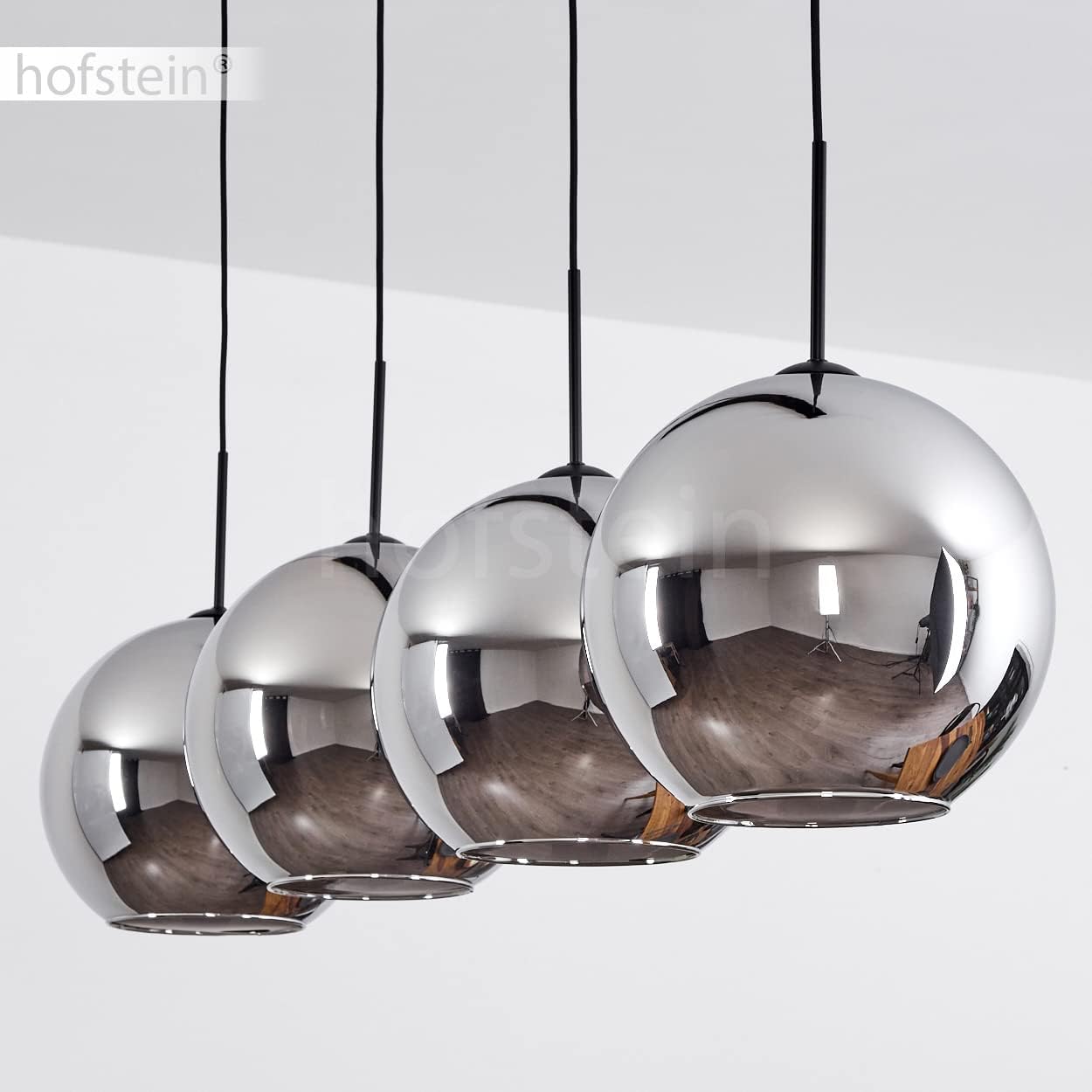Hängeleuchte Koyoto, Hängelampe aus Metall/Glas in Schwarz/Chromfarben, Leuchte 4-flammig im Vintage/Retro Design mit Schirmen aus Glas (Ø 30 cm), Höhe max. 152 cm, 4 x E27, ohne Leuchtmittel