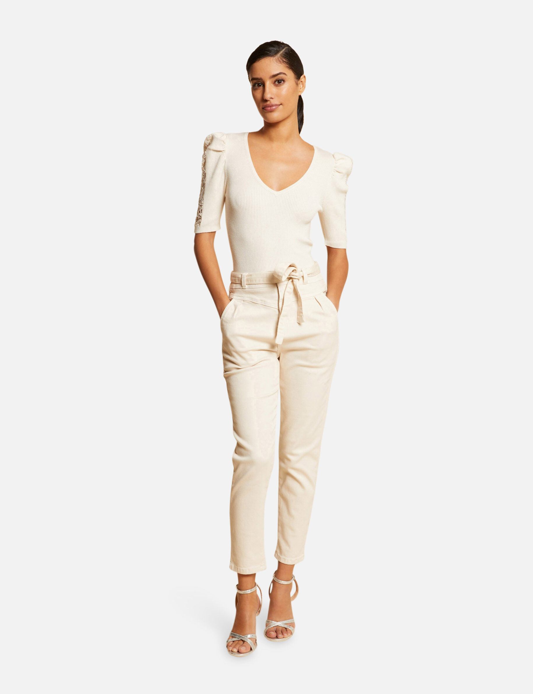 Pull manches courtes avec dentelle ivoire femme - ivoire