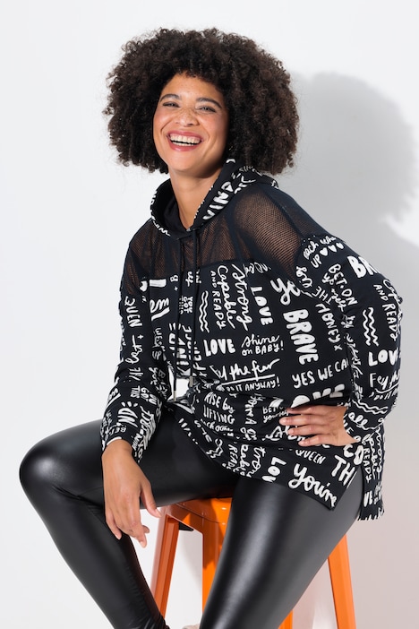 Long-Hoodie, oversized, Wording-Muster, Kapuze