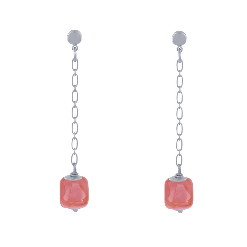 Boucles d'Oreilles Chainette Laiton Argenté et Cube en Céramique
