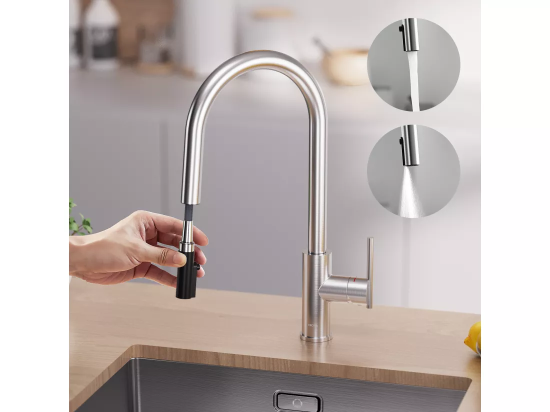 CECIPA MAX Evier Quartz Noir 50x45cm Evier 1 Bac en Quartz et Résine + Mitigeur de Cuisine Avec Douchette Extractible, 2 Modes de Sortie D'eau, Brossé
