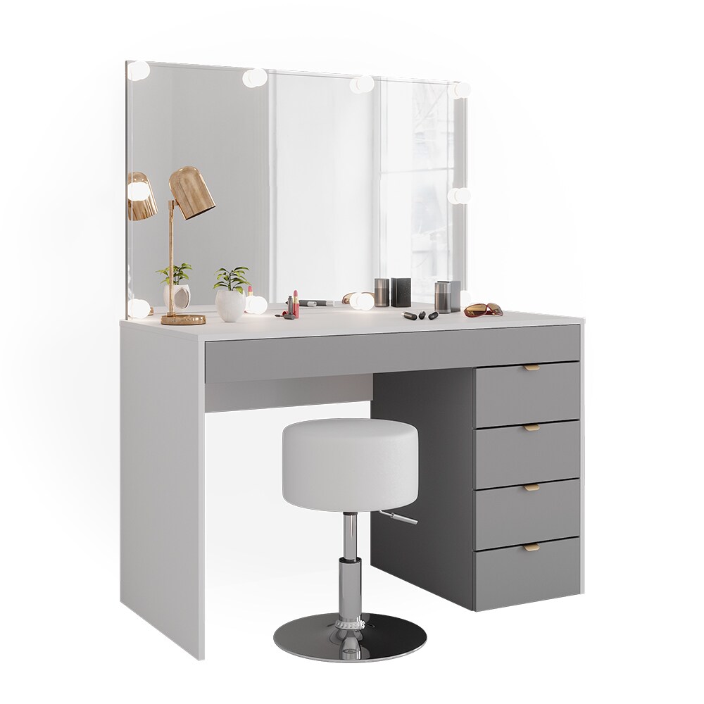 Vicco Schminktisch Elise Weiß Grau 115 x 76 cm modern Frisiertisch Schubladen Spiegel Hocker LED-Beleuchtung