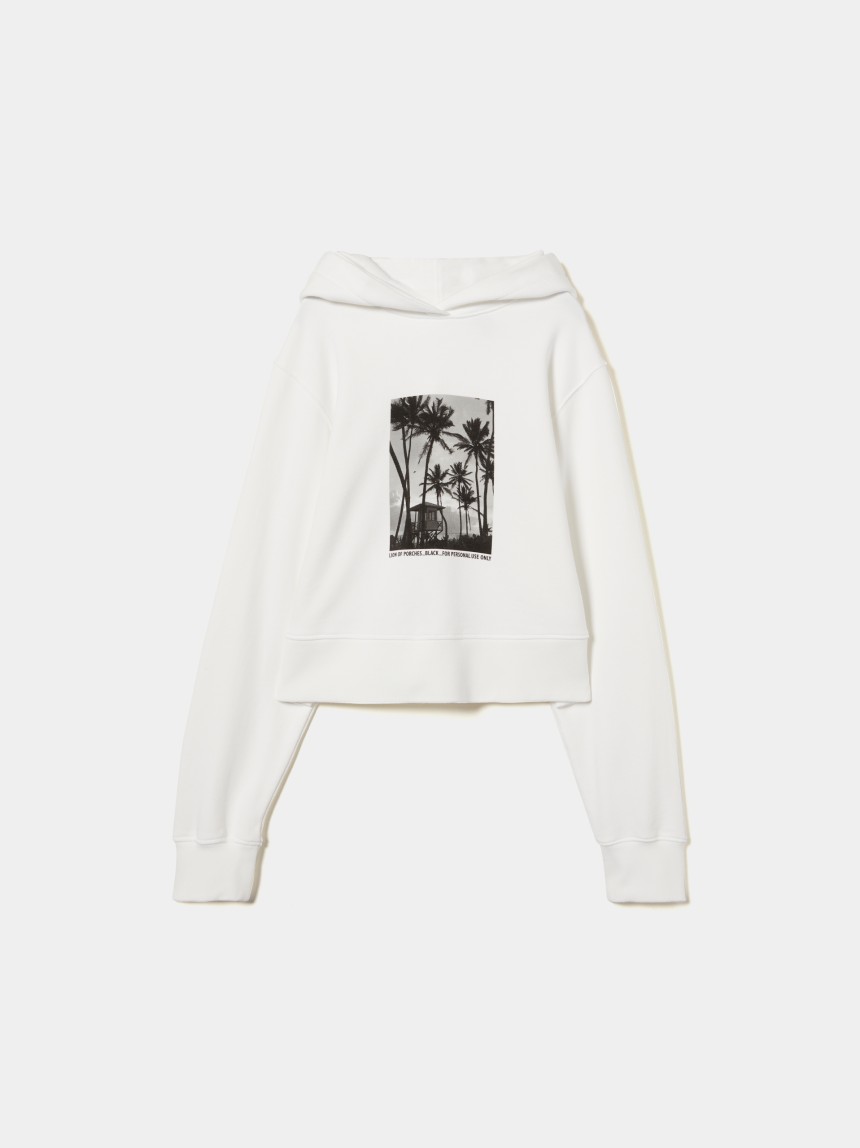 Sweater com capuz e estampado tropical