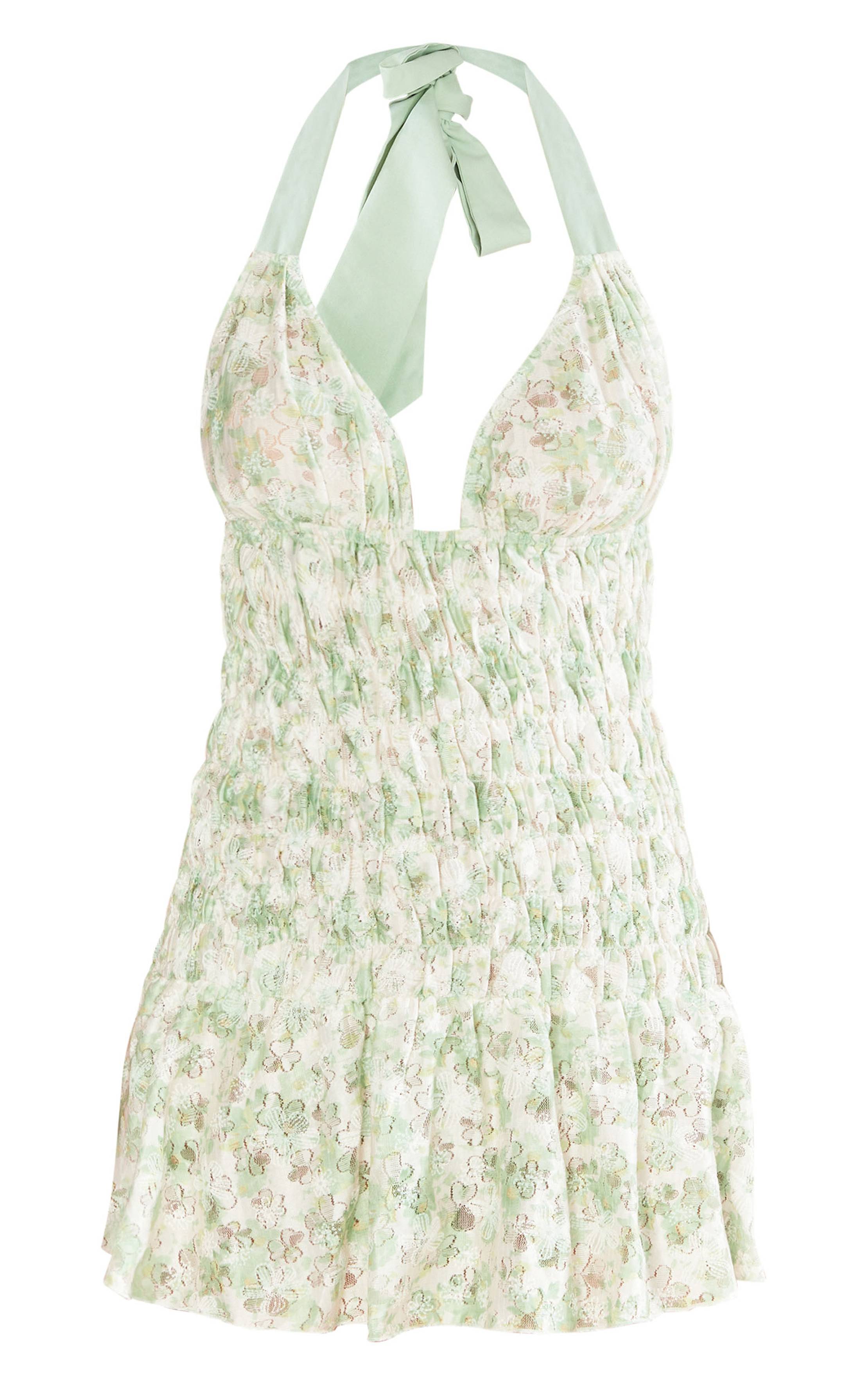 Vert Sauge Robe Moulante À Bretelles Froncée À Motif Floral Texturé