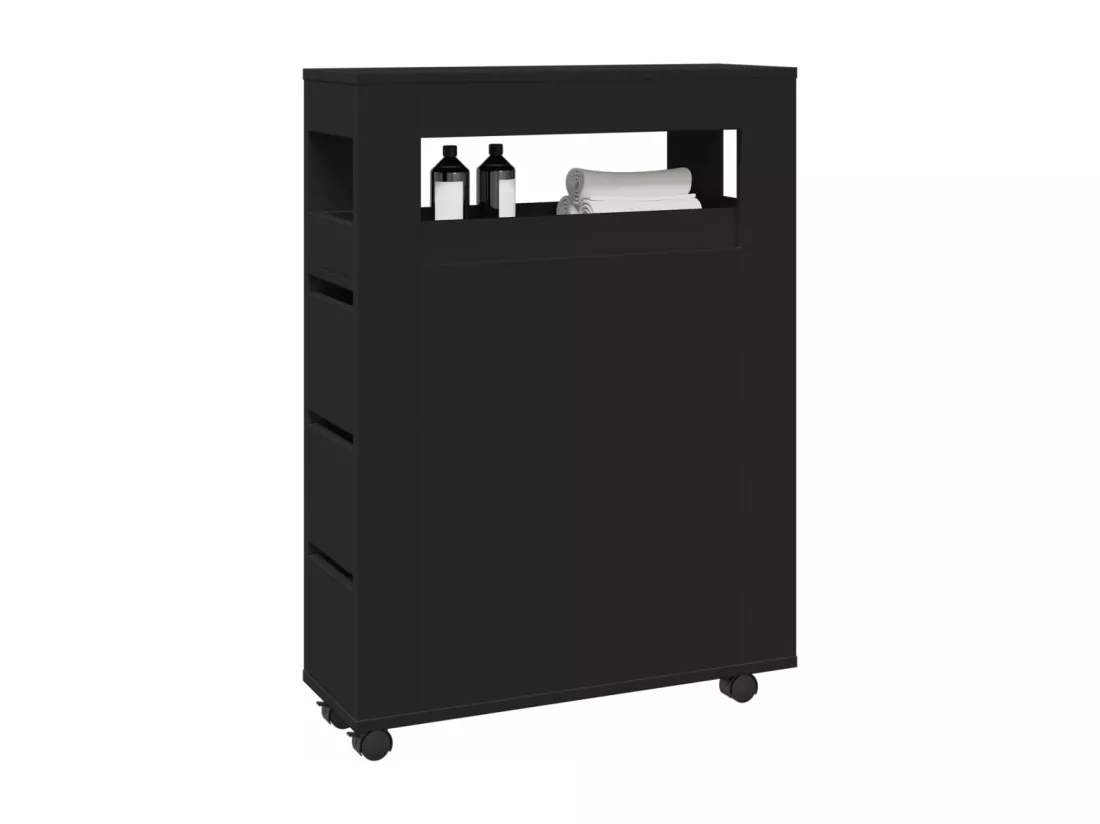 Meuble étroit de salle de bain à roulettes noir