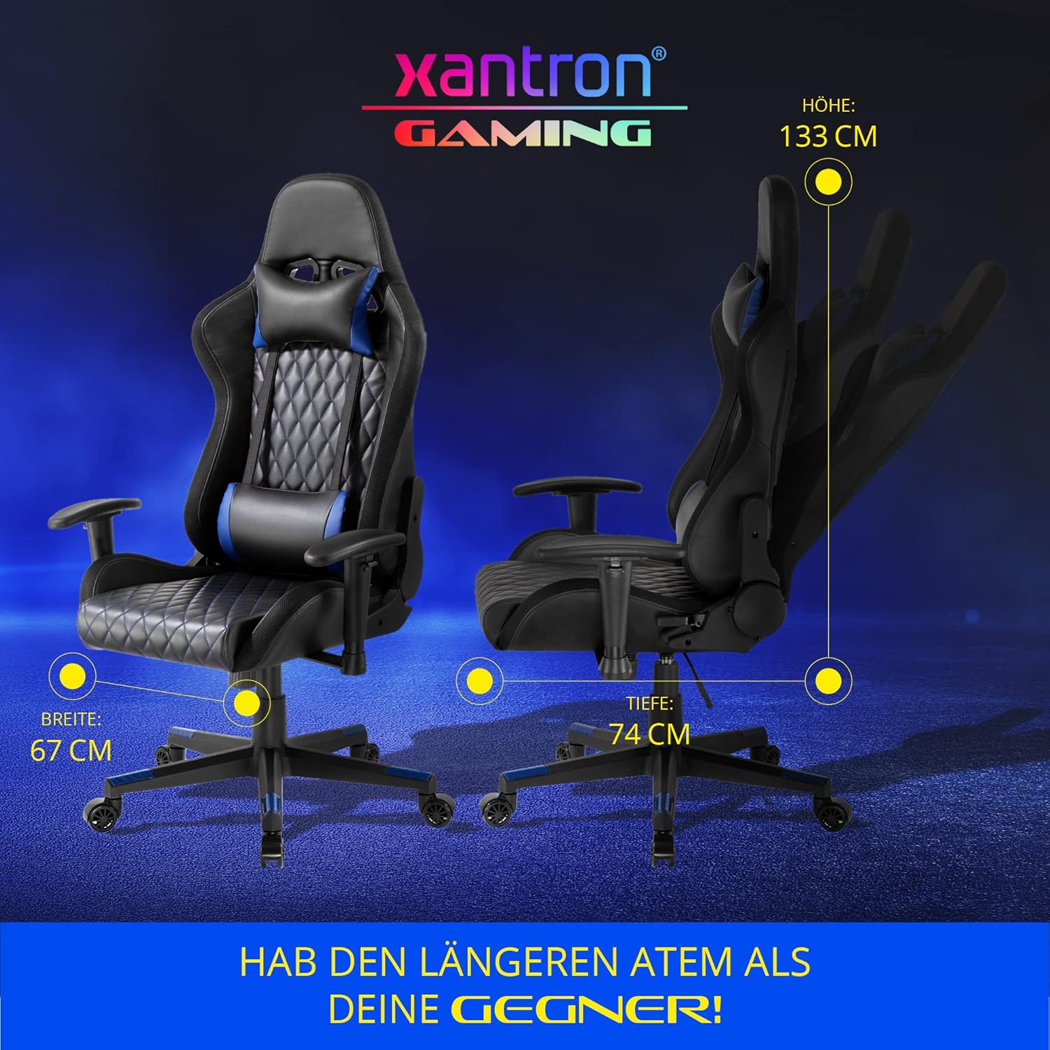 Xantron® Ergonomischer Gaming Stuhl RGB Beleuchtung - 150 kg Belastbarkeit - Gamer Sessel in Schwarz mit PVC Leder - Gamingsessel verstellbar per Gasdruckfeder - Gamingstuhl - Gaming Chair