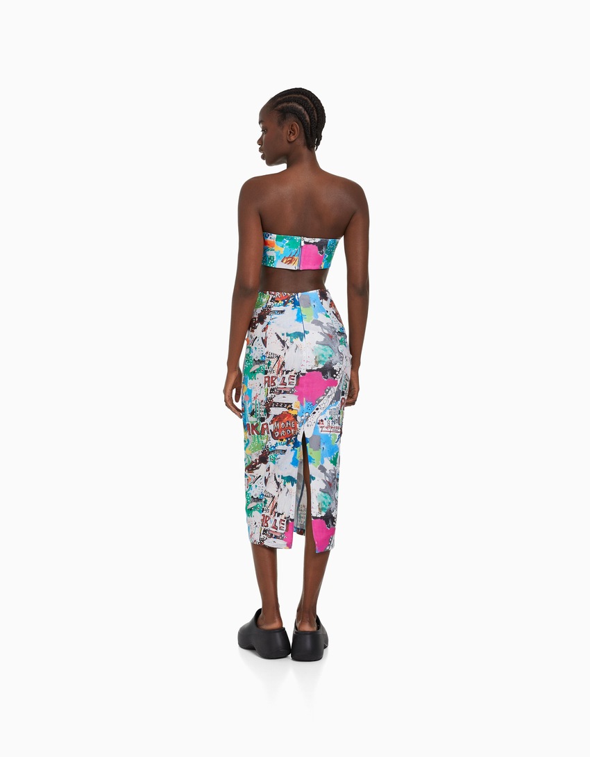 Vestido midi sem alças com estampa Jean-Michel Basquiat