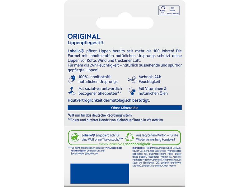 LABELLO Lippenpflege Labello Original 4.8 g Lippenpflegestift mit Inhaltsstoffen natürlichen Ursprungs