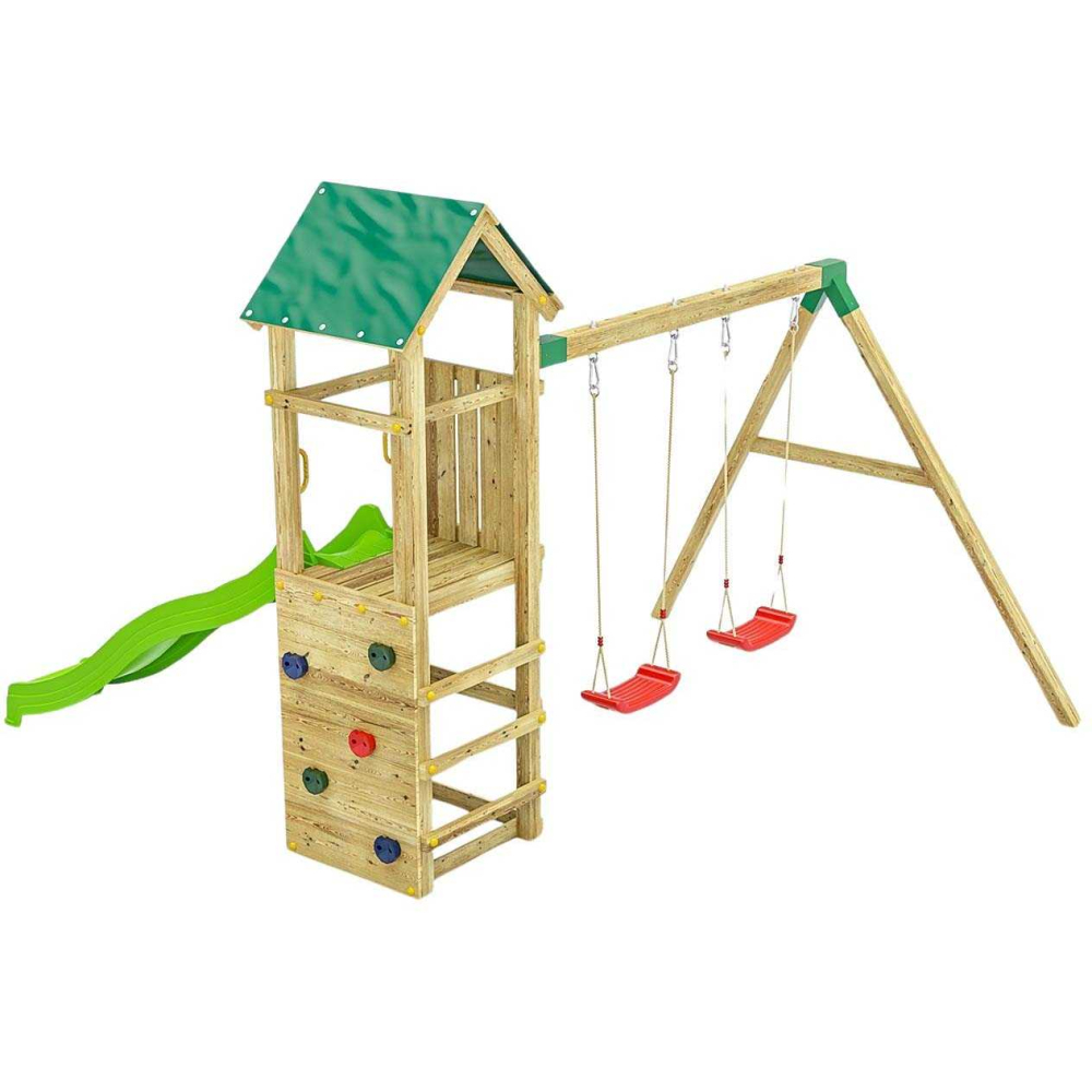 Structure de jeux en bois avec toboggan et balançoire double charly
