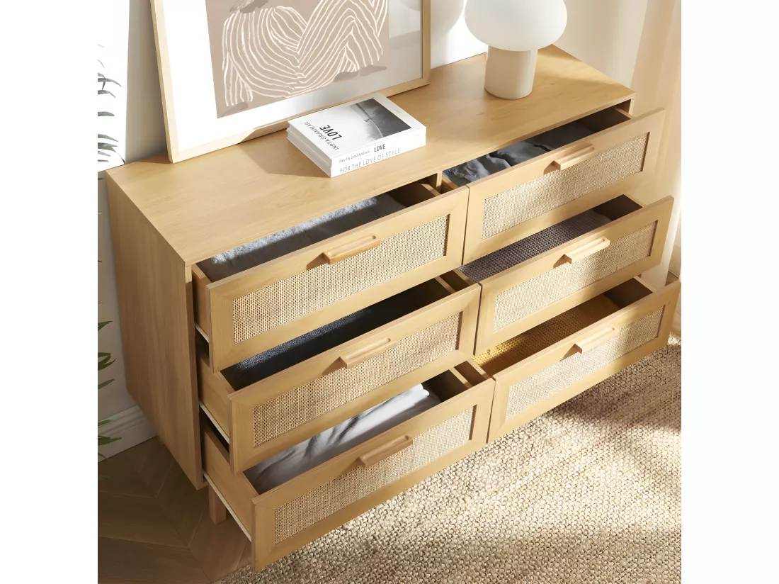 June - Commode 6 tiroirs en bois et cannage L130cm - Bois clair