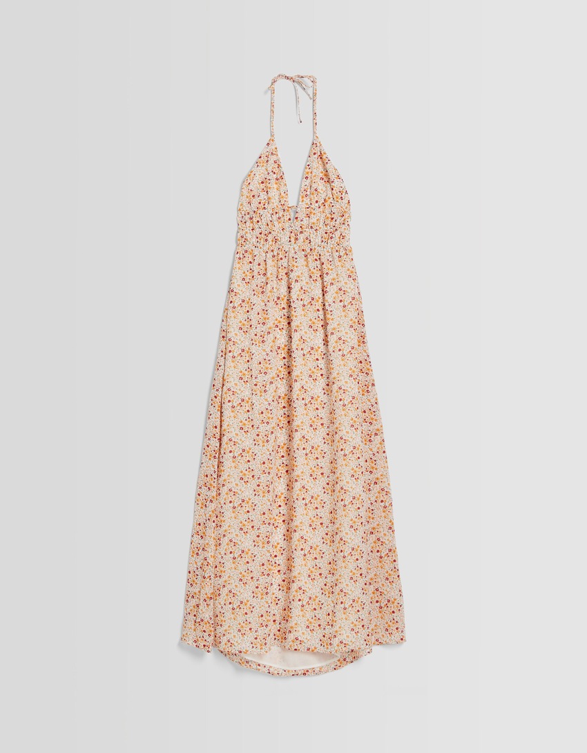 Vestido longo de crepe franzido